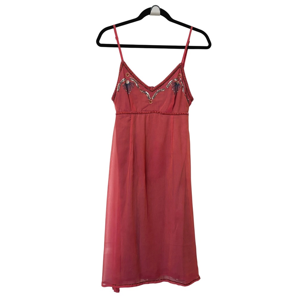 Y2K Smart Set Coral Pink Beaded Sequin Empire Waist Chiffon Slip Dress Women